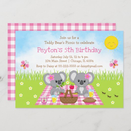 コアラベアーズピクニックピンクギンガム誕生日 招待状 (正面/裏面)