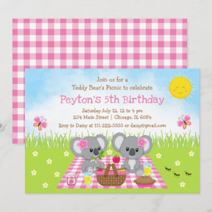 コアラベアーズピクニックピンクギンガム誕生日 招待状