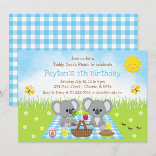 コアラベアーズピクニックブルーギンガム誕生日 招待状