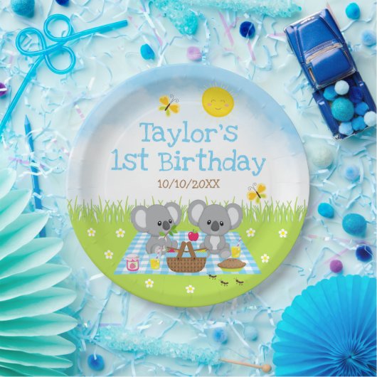 コアラベアーズピクニックブルージンガム誕生日パーティー ペーパープレート (パーティー)