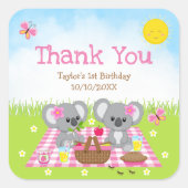 コアラベアーズピクニック誕生日ピンクギンガムサンキュー スクエアシール (正面)
