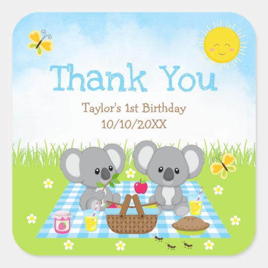 コアラベアーズピクニック誕生日ブルーギンガムサンキュー スクエアシール (正面)