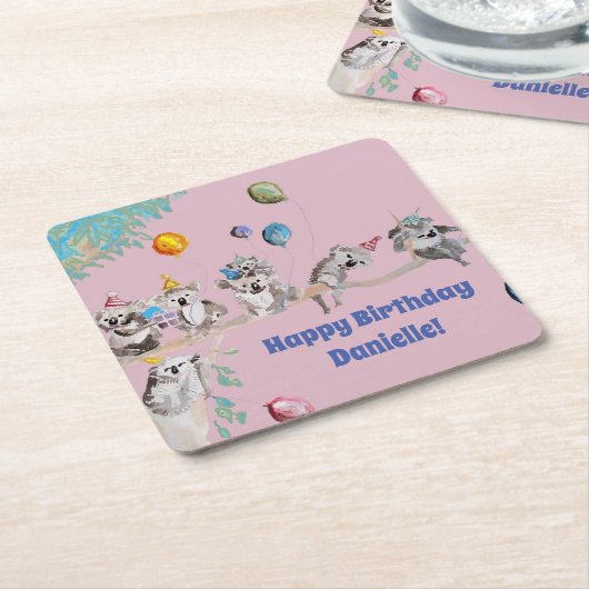 コアラベアーズ誕生日パーティー動物ガールズピンク スクエアペーパーコースター (アングル)