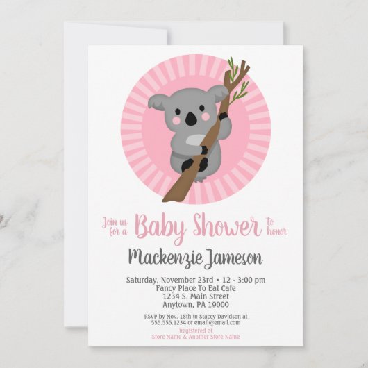 コアラベアーピンクガールズベビーシャワー 招待状 (正面)