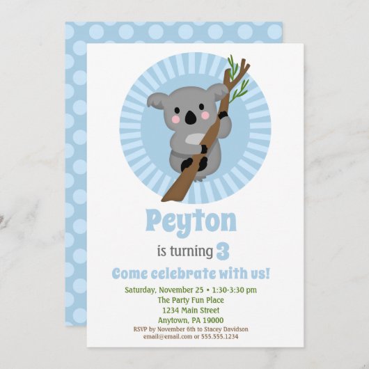 コアラベアーブルーバースデーパーティー 招待状 (正面/裏面)
