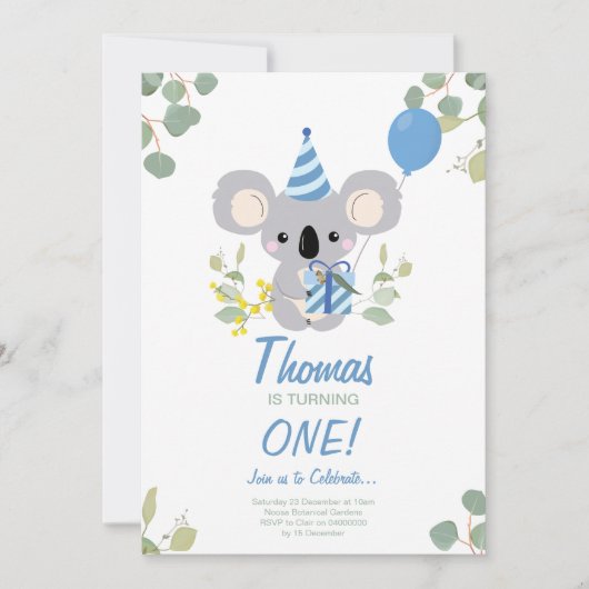 コアラボーイファースト誕生日ブルー招待状 招待状 (正面)