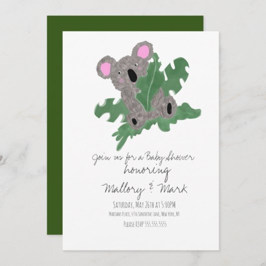 コアラ手描き赤ちゃんシャワー 招待状 (正面/裏面)