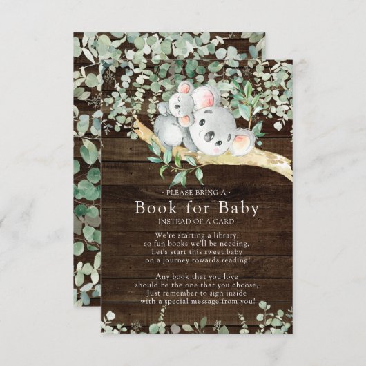コアラ素朴クマ赤ちゃんシャワーベビー用ブック エンクロージャーカード (正面/裏面)