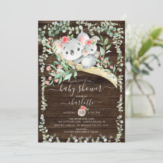 コアラ素朴ベアーガールズベビーシャワー招待状 招待状 (スタンド正面)