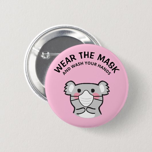 コアラ衣服マスクと手を洗う 缶バッジ (正面&裏面)