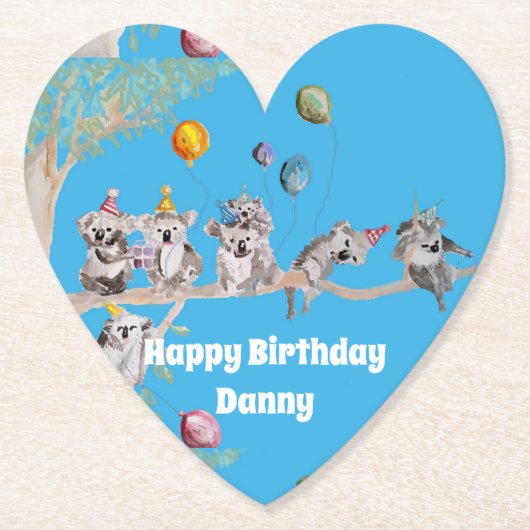 コアラ誕生日パーティーブルー紙パーティーコースター ペーパーコースター (正面)