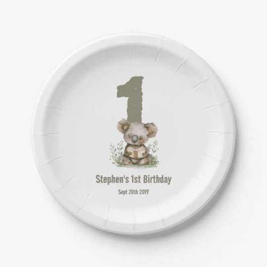 コアラ ベア セージグリーン 1歳 誕生日パーティー ペーパープレート (正面)