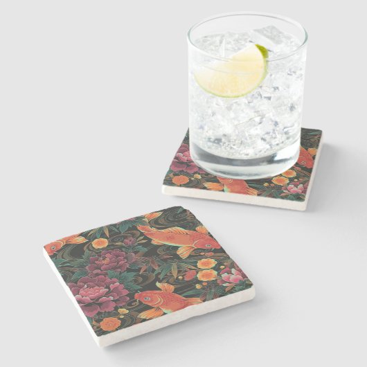 コイおよびシャクヤクの石造りのコースター ストーンコースター (横)