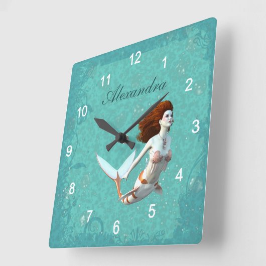 コイかわいらしマーメイド水中スイミング スクエア壁時計 (傾斜)