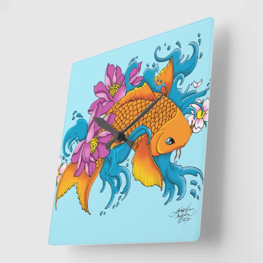 コイと花 スクエア壁時計 (傾斜)