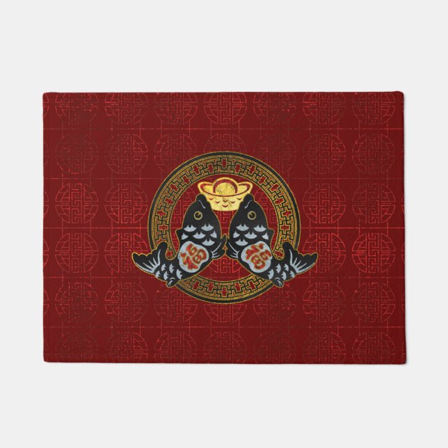 コイの魚および硬貨との幸運の記号 ドアマット (正面)