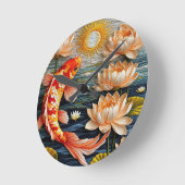 コイの魚に囲まれた蓮の花 ラウンド壁時計 (傾斜)