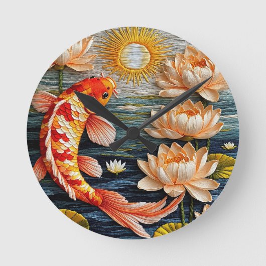 コイの魚に囲まれた蓮の花 ラウンド壁時計 (正面)