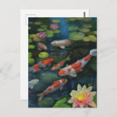 コイフィッシュスイミングロータスフラワーポンドゼン絵画ズ ポストカード (正面/裏面)