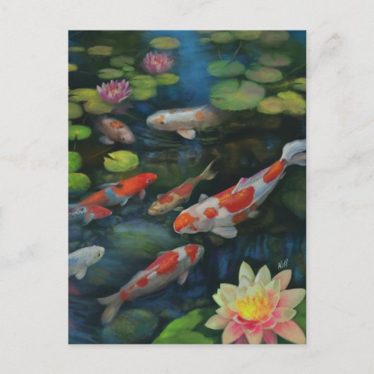 コイフィッシュスイミングロータスフラワーポンドゼン絵画ズ ポストカード (正面)
