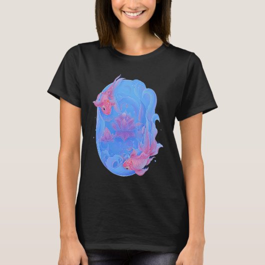 コイフィッシュロータスウォーターリリー中国のフラワー風水 Tシャツ (正面)