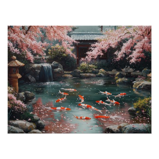 コイ日本のとさくらんぼの花が咲く庭園 ポスター (正面)