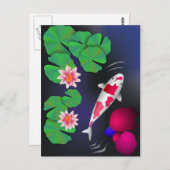 コイ日本のフィッシュ、蓮の花と睡蓮ポー ポストカード (正面/裏面)