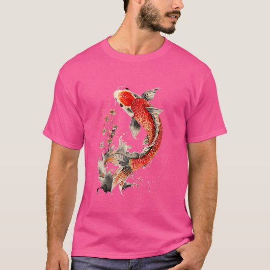 コイ日本の魚と花タトゥーフィッシュ泳ぐ Tシャツ (正面)