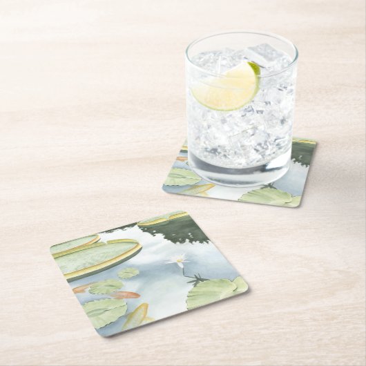 コイ池 – 魚とユリの反射 スクエアペーパーコースター (インサイチュ)