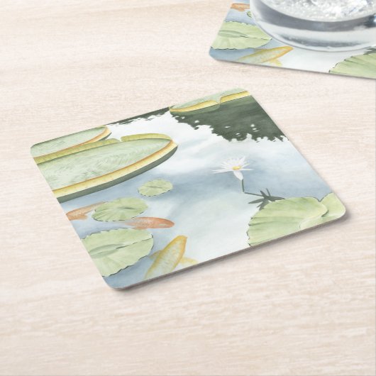 コイ池 – 魚とユリの反射 スクエアペーパーコースター (アングル)