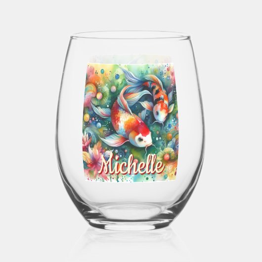 コイ魚お洒落水色パーソナライズされた ステムなしワイングラス (正面)