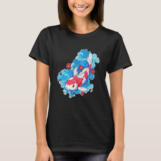 コイ魚と花日本の鯉 Tシャツ (正面)