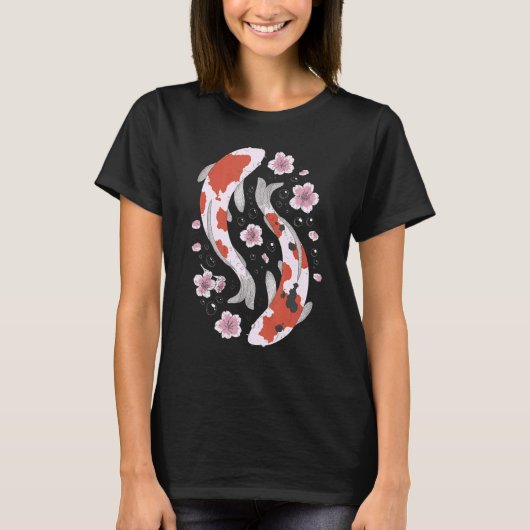コイ魚の日本のさくらんぼブロッサムグラフィック Tシャツ (正面)