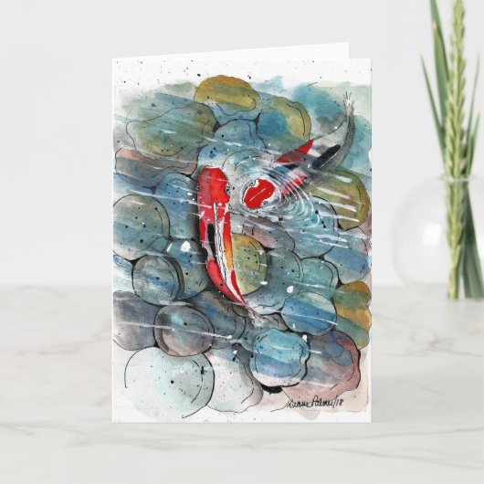 コイ魚、小さなアートワーク、5 x 7プリント、水彩アート カード (正面)