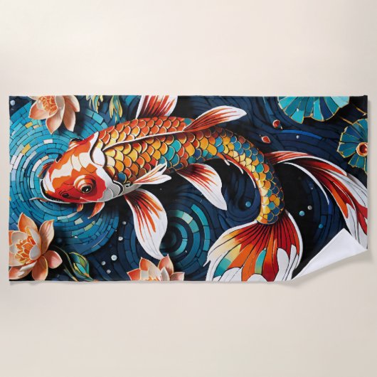 コイ鮮やかと美しい花の水中競技シーン ビーチタオル (正面)