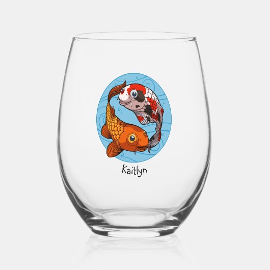 コイ鯉あなたの名前を追加2魚カラフル漫画 ステムなしワイングラス (正面)