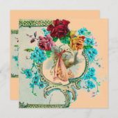 コウテイバードのピンクのバラと青い花のベビーシャワー 招待状 (正面/裏面)