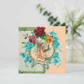 コウテイバードのピンクのバラと青い花のベビーシャワー 招待状 (スタンド正面)