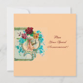 コウテイバードのピンクのバラと青い花のベビーシャワー 招待状 (裏面)