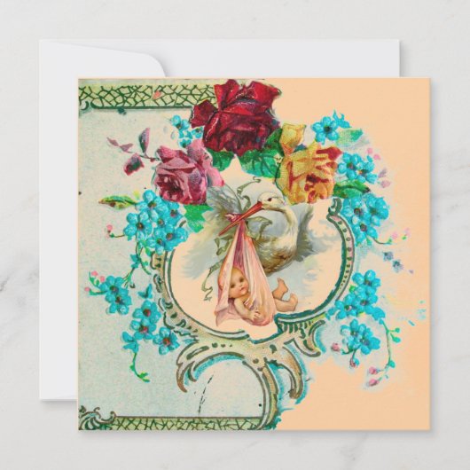 コウテイバードのピンクのバラと青い花のベビーシャワー 招待状 (正面)