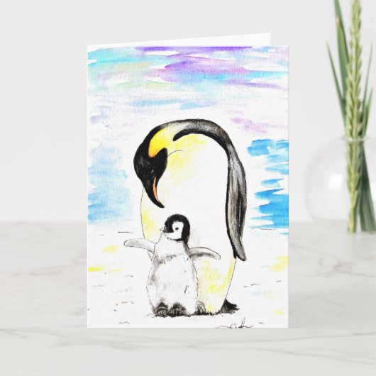 コウテイペンギンとひなの水彩画 カード (正面)