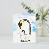 コウテイペンギンとひな水彩画 ポストカード (スタンド正面)