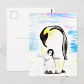 コウテイペンギンとひな水彩画 ポストカード (正面/裏面)
