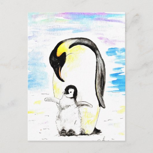 コウテイペンギンとひな水彩画 ポストカード (正面)