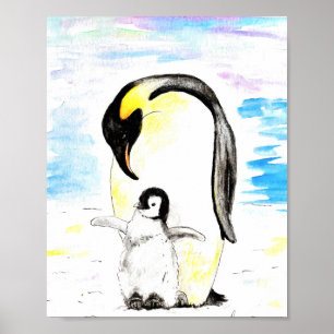 コウテイペンギンとひな 水彩画 ポスター
