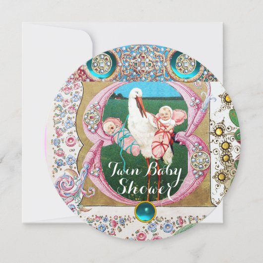 コウテイペンギンの双子の赤ちゃんの女の子のシャワー、花の宝石 招待状 (正面)