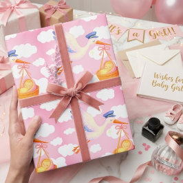 コウテイペンギン出産おめでとう ベビーガール ラッピングペーパー かわいいピンク ラッピングペーパー