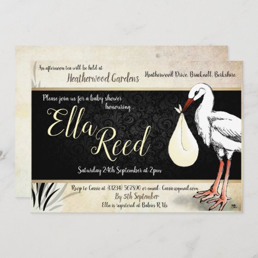 コウテンチョウのクリーム色のベビーシャワー招待状 招待状 (正面/裏面)