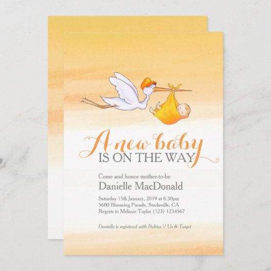 コウテンチョウの赤ちゃん出産おめでとうシャワーの招待状 招待状 (正面/裏面)