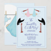 コウテンチョウ & ツイン ブルー & ピンクの赤ちゃん用バンドル ベビーシャワー 招待状 (正面/裏面)